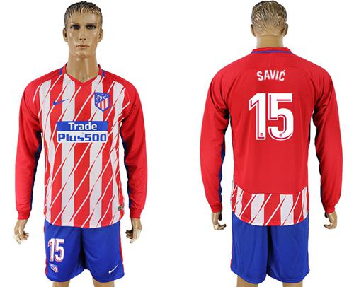Atletico Madrid #15 Savic Home Long Sleeves Soccer Club Jersey - Click Image to Close